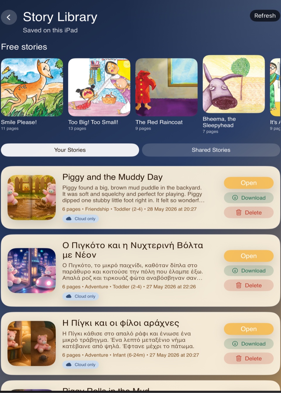 The story library, saved on this iPad
