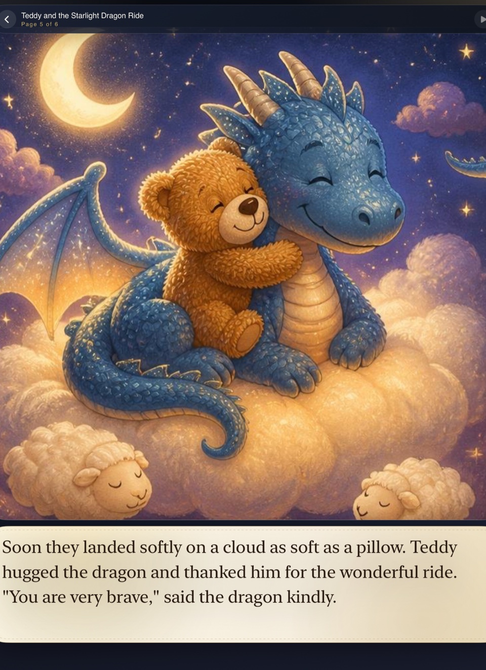Bedtime Bee reader on iPad, Teddy hugging a friendly dragon