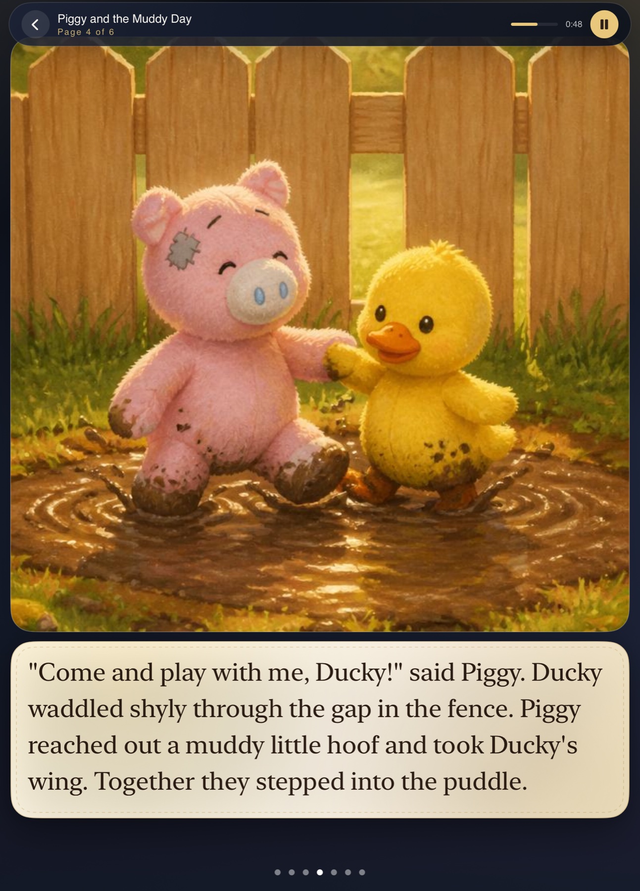Storybee reader showing Piggy and Ducky in an illustrated muddy-day story